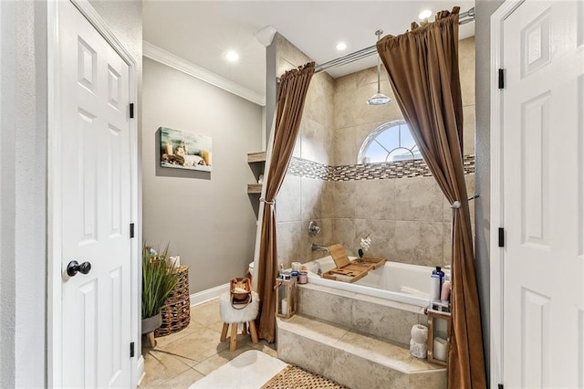 bathroom featuring shower / bath combination with curtain, crown molding, and tile patterned floors