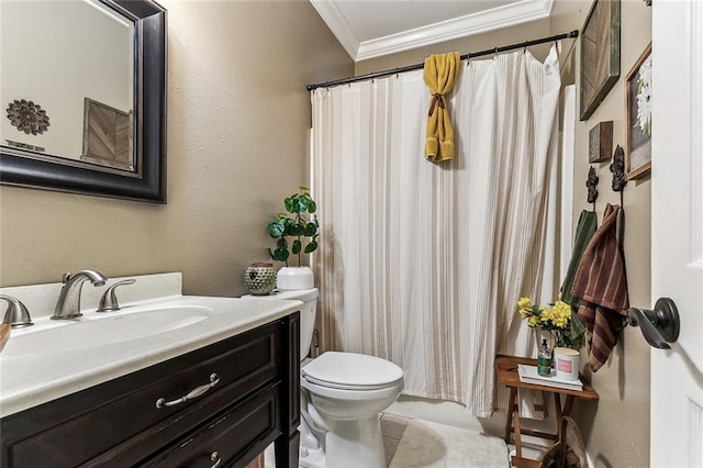 bathroom with ornamental molding, vanity, tile patterned floors, and toilet