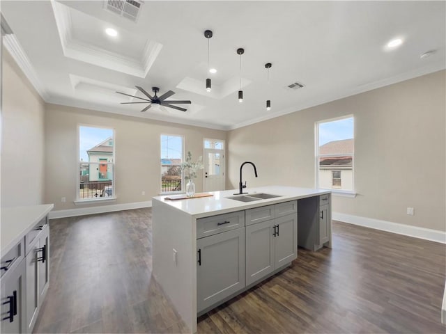 kitchen featuring ornamental molding, sink, a center island with sink, and gray cabinetry