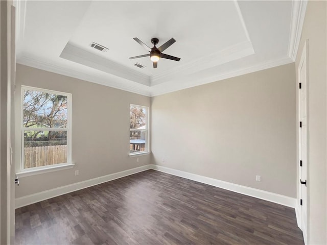 spare room featuring a raised ceiling, plenty of natural light, dark wood-type flooring, and ceiling fan