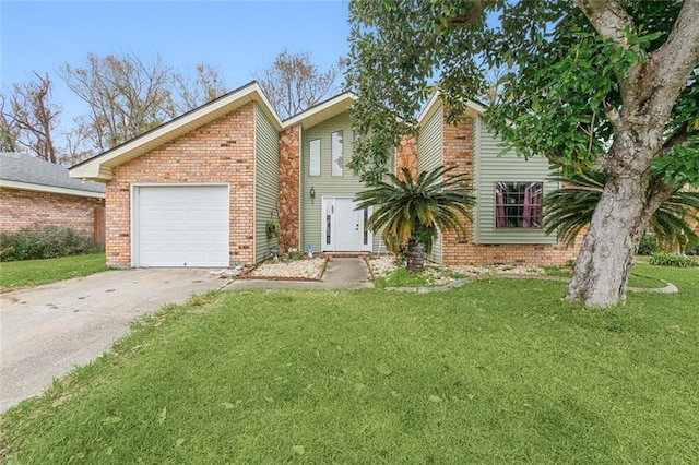 view of front of house with a garage and a front lawn