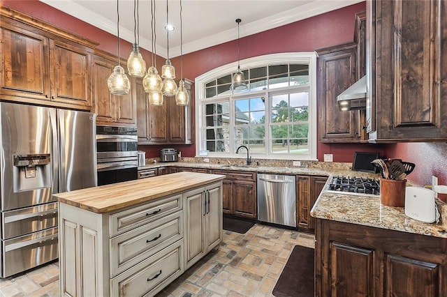 kitchen featuring wood counters, decorative light fixtures, ventilation hood, appliances with stainless steel finishes, and a kitchen island