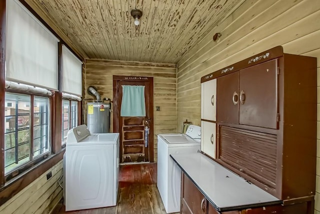 washroom with gas water heater, dark hardwood / wood-style floors, wooden walls, wood ceiling, and washer and clothes dryer