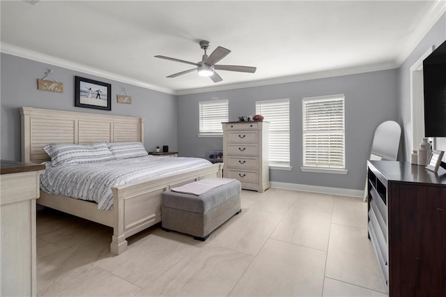 bedroom featuring crown molding, ceiling fan, and light tile patterned floors