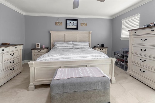 bedroom featuring ornamental molding and ceiling fan