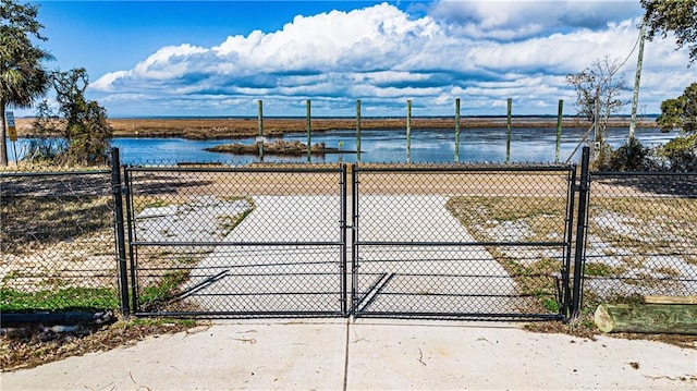 exterior space with a water view