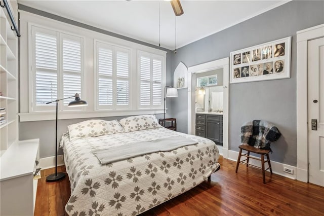 bedroom with dark wood-type flooring and ceiling fan