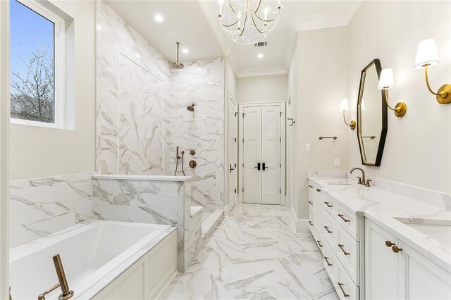 3705 Rue Emilion Dr, Metairie, LA 70002 - full bath with a marble finish shower, a garden tub, marble finish floors, double vanity, and crown molding