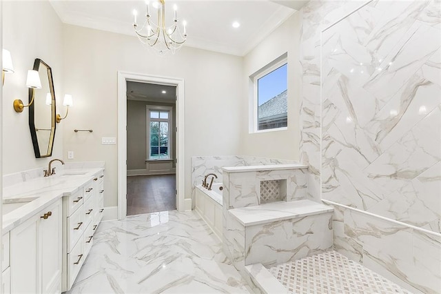 3705 Rue Emilion Dr, Metairie, LA 70002 - full bath with plenty of natural light, a chandelier, a garden tub, double vanity, and ornamental molding