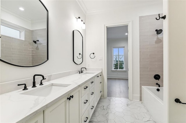 3705 Rue Emilion Dr, Metairie, LA 70002 - bathroom featuring double vanity, crown molding, tile patterned floors, and shower / bathtub combination