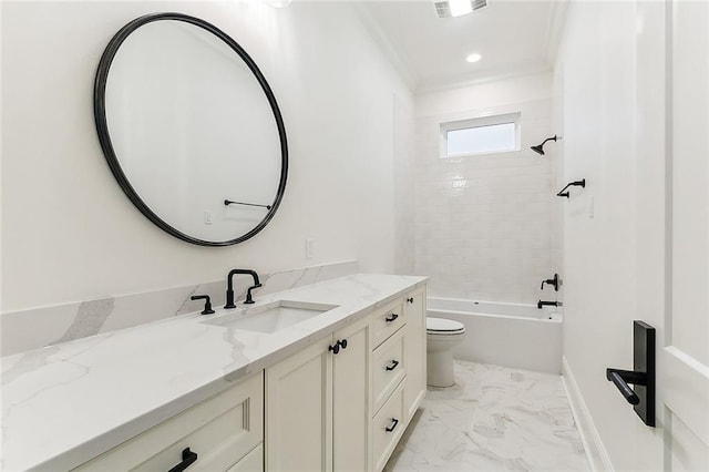 3705 Rue Emilion Dr, Metairie, LA 70002 - bathroom with vanity, shower / bath combination, marble look tile flooring, and ornamental molding