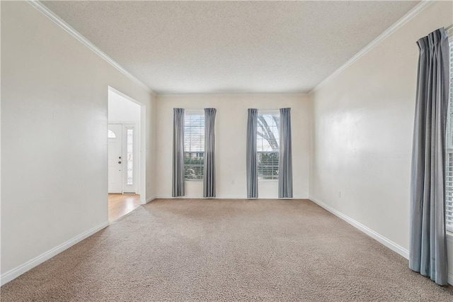 carpeted empty room featuring crown molding and a textured ceiling