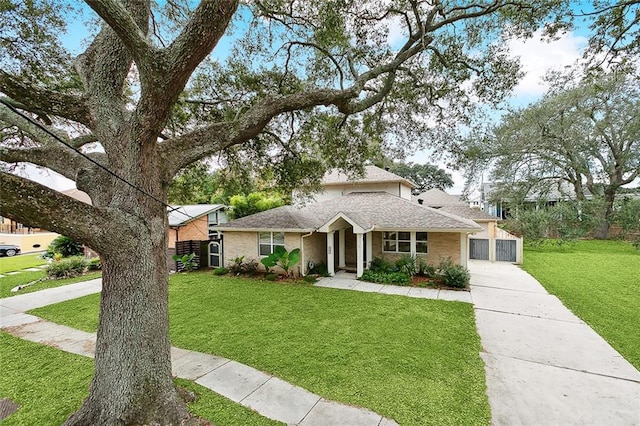 view of front facade featuring brick siding, roof with shingles, and a front lawn