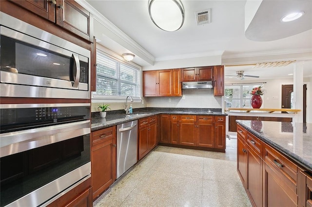 kitchen with visible vents, a sink, stainless steel appliances, crown molding, and a wealth of natural light