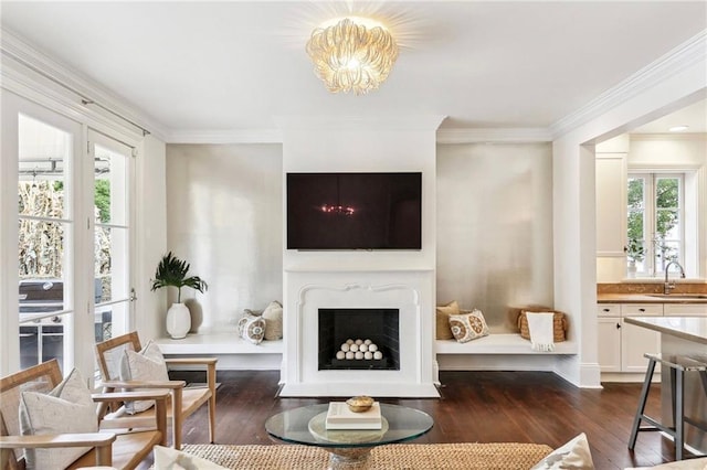 living room featuring ornamental molding, sink, and dark hardwood / wood-style floors