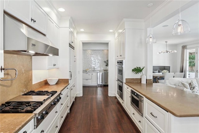 kitchen featuring decorative light fixtures, stainless steel appliances, dark hardwood / wood-style floors, and white cabinets