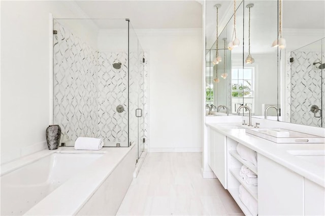 bathroom featuring ornamental molding, vanity, and plus walk in shower