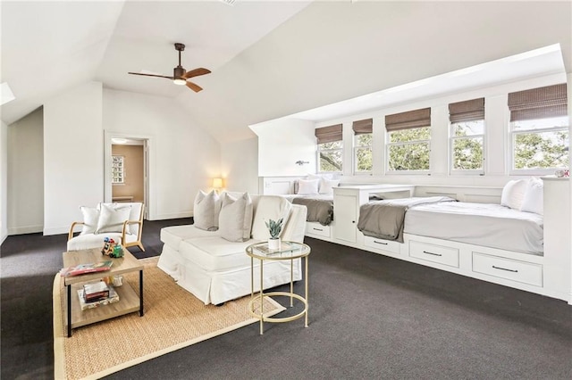 bedroom featuring ceiling fan and vaulted ceiling