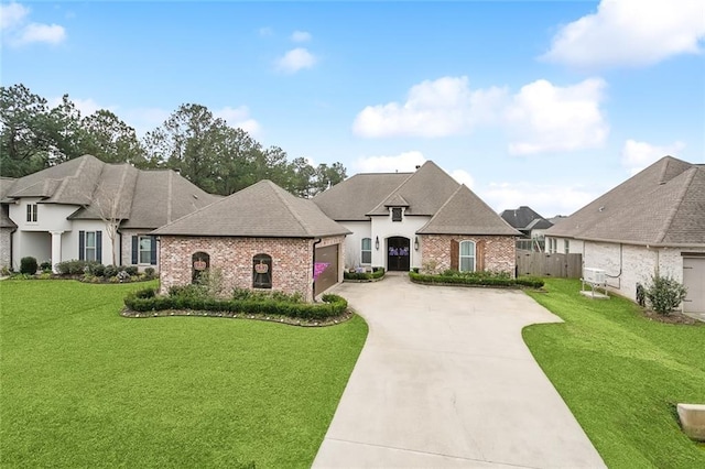 french country style house with a garage and a front lawn