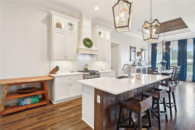 kitchen featuring sink, stainless steel range, an island with sink, pendant lighting, and white cabinets