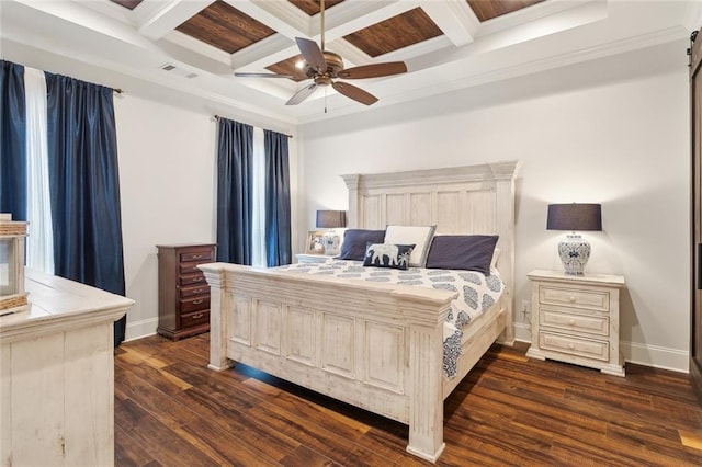 bedroom with a barn door, ornamental molding, dark hardwood / wood-style flooring, and coffered ceiling