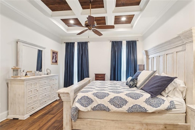 bedroom with beam ceiling, crown molding, coffered ceiling, and dark hardwood / wood-style flooring