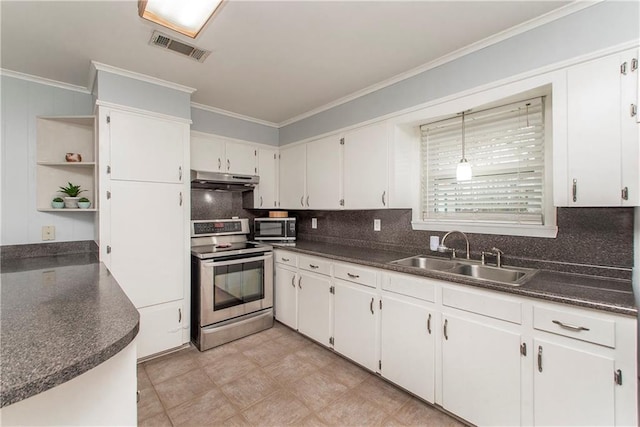 kitchen featuring sink, crown molding, appliances with stainless steel finishes, tasteful backsplash, and white cabinets