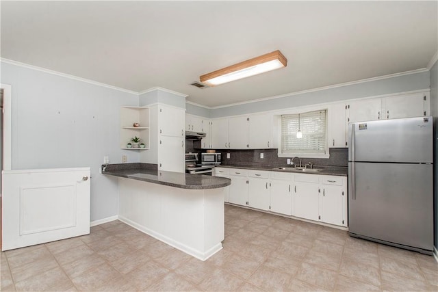 kitchen with sink, white cabinetry, crown molding, kitchen peninsula, and stainless steel appliances