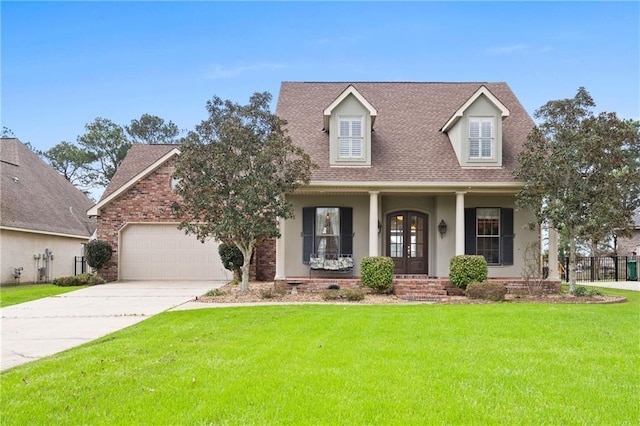 new england style home featuring a porch, a garage, and a front lawn