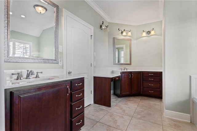 bathroom featuring vanity, crown molding, and tile patterned floors