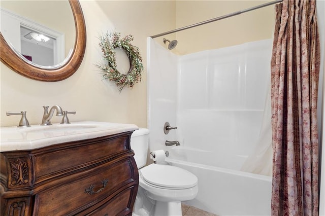 full bathroom with shower / tub combo with curtain, vanity, toilet, and tile patterned flooring