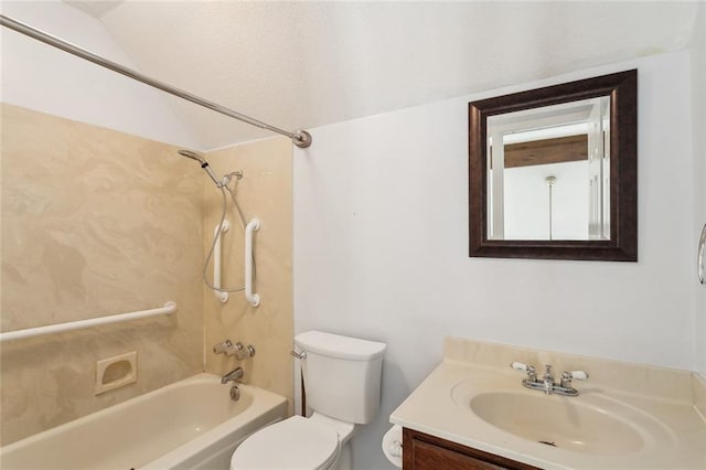 full bathroom with lofted ceiling, vanity, toilet, and tiled shower / bath combo