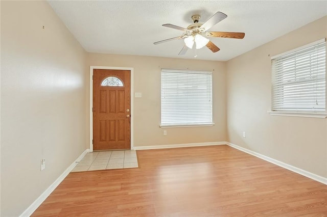 foyer with ceiling fan, light hardwood / wood-style floors, and a wealth of natural light