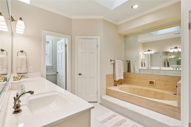 full bathroom featuring crown molding, a bath, double vanity, and a sink