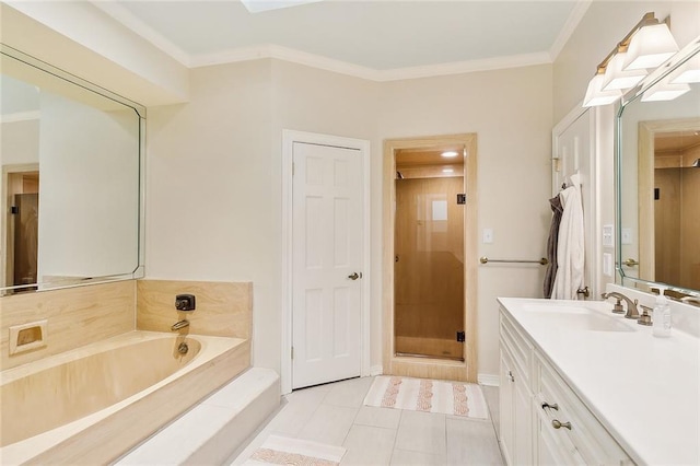 full bathroom with vanity, ornamental molding, a stall shower, a garden tub, and tile patterned flooring