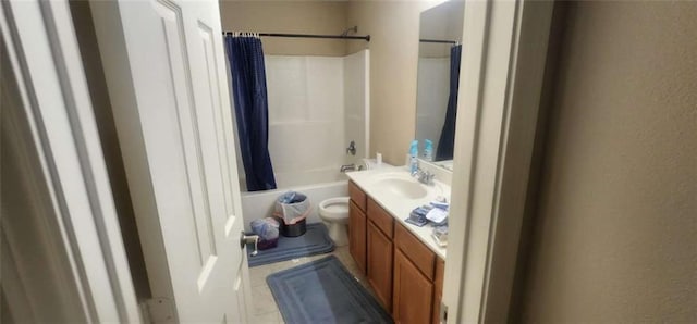 full bathroom with vanity, shower / bathtub combination with curtain, and toilet