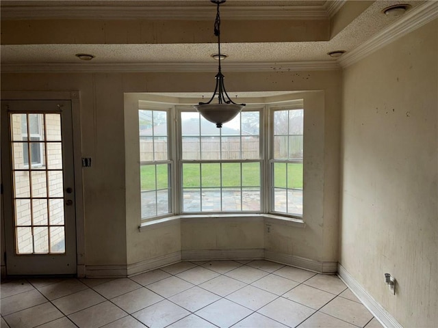 7540 Fieldston Rd, New Orleans, LA 70126 - unfurnished dining area featuring light tile patterned floors, healthy amount of natural light, baseboards, and crown molding