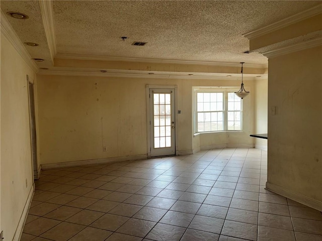 7540 Fieldston Rd, New Orleans, LA 70126 - spare room featuring ornamental molding, a textured ceiling, light tile patterned floors, and baseboards