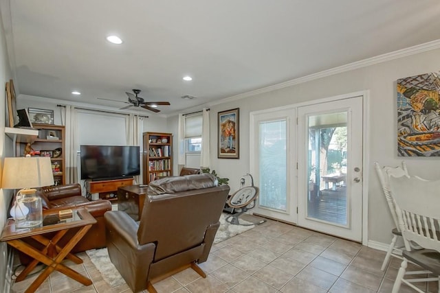 living area featuring ceiling fan, recessed lighting, crown molding, and light tile patterned floors