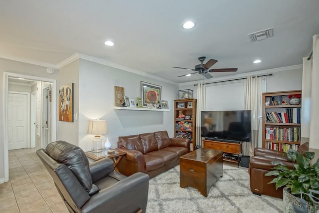 living room with recessed lighting, visible vents, crown molding, and light tile patterned floors