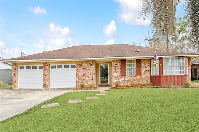 single story home featuring a garage and a front yard