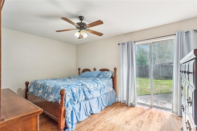 bedroom featuring ceiling fan, access to outside, and light hardwood / wood-style floors