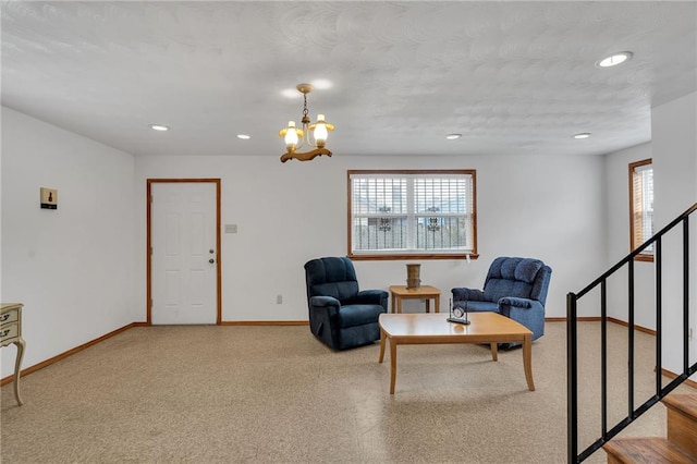 1328 Clouet St, New Orleans, LA 70117 - living room featuring baseboards, a chandelier, plenty of natural light, recessed lighting, and stairway