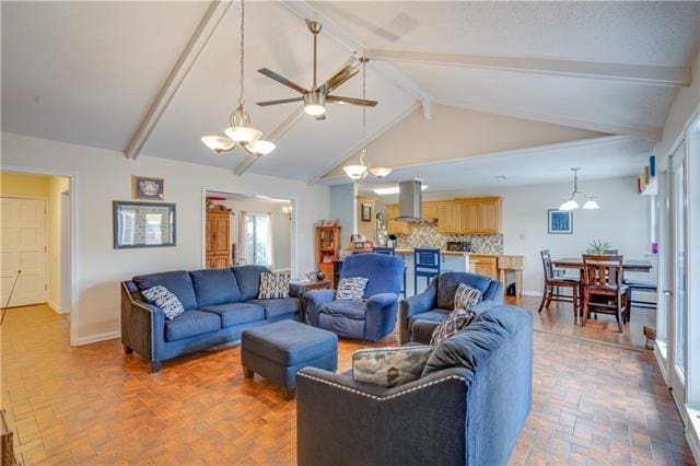 living room with high vaulted ceiling, ceiling fan with notable chandelier, and beam ceiling