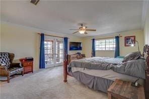 bedroom featuring french doors, light colored carpet, and ceiling fan