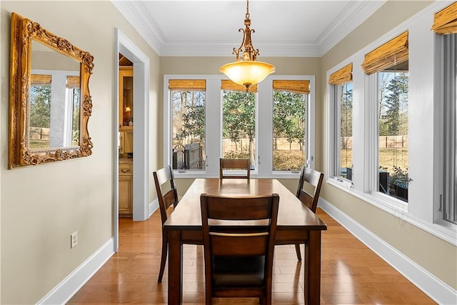 dining room featuring ornamental molding and light hardwood / wood-style floors