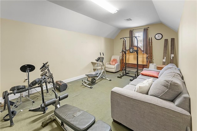 workout area featuring lofted ceiling and carpet