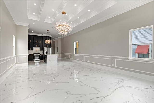 423 Diana St, New Orleans, LA 70114 - unfurnished living room with a decorative wall, a chandelier, crown molding, recessed lighting, and wainscoting