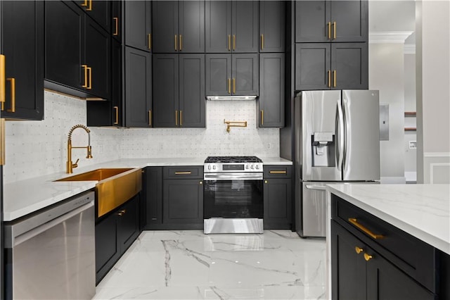 kitchen featuring sink, decorative backsplash, ornamental molding, light stone counters, and stainless steel appliances