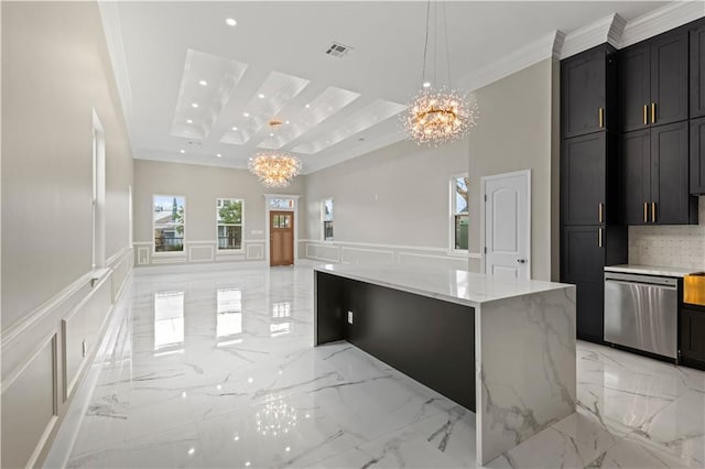 kitchen featuring decorative light fixtures, a large island, stainless steel dishwasher, crown molding, and an inviting chandelier